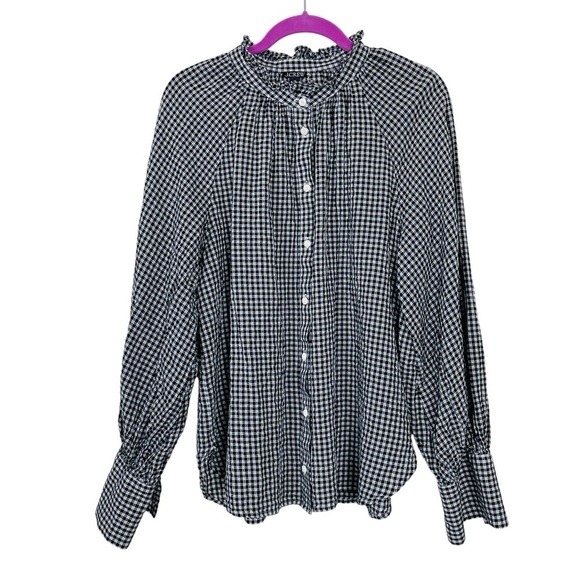 J.Crew Ruffleneck Button-up Shirt in Black and White Plaid Soft Gauze Size 14 - Picture 3 of 12